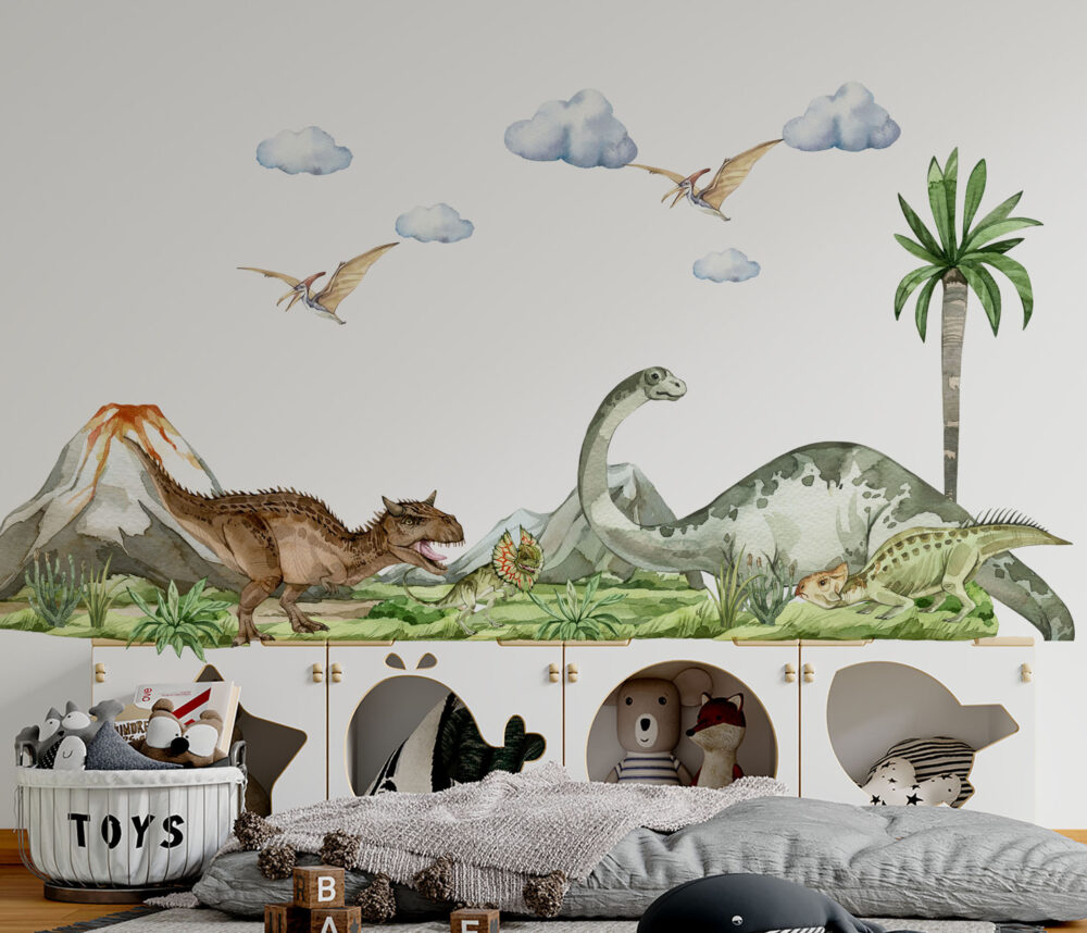 Jurajska dżungla przedstawia masę różnych dinozaurów, naklejki ścienne do pokoju dziecięcego, naklejki z dinozaurami, ozdoby ścienne z dinozaurami, dekoracje ścienne z dinozaurami, dinozaury, wulkan, dżungla