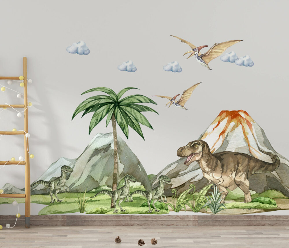 Dżungla z dinozaurami naklejka ścienna, tyranozaur, wulkan, palma, pteranodon