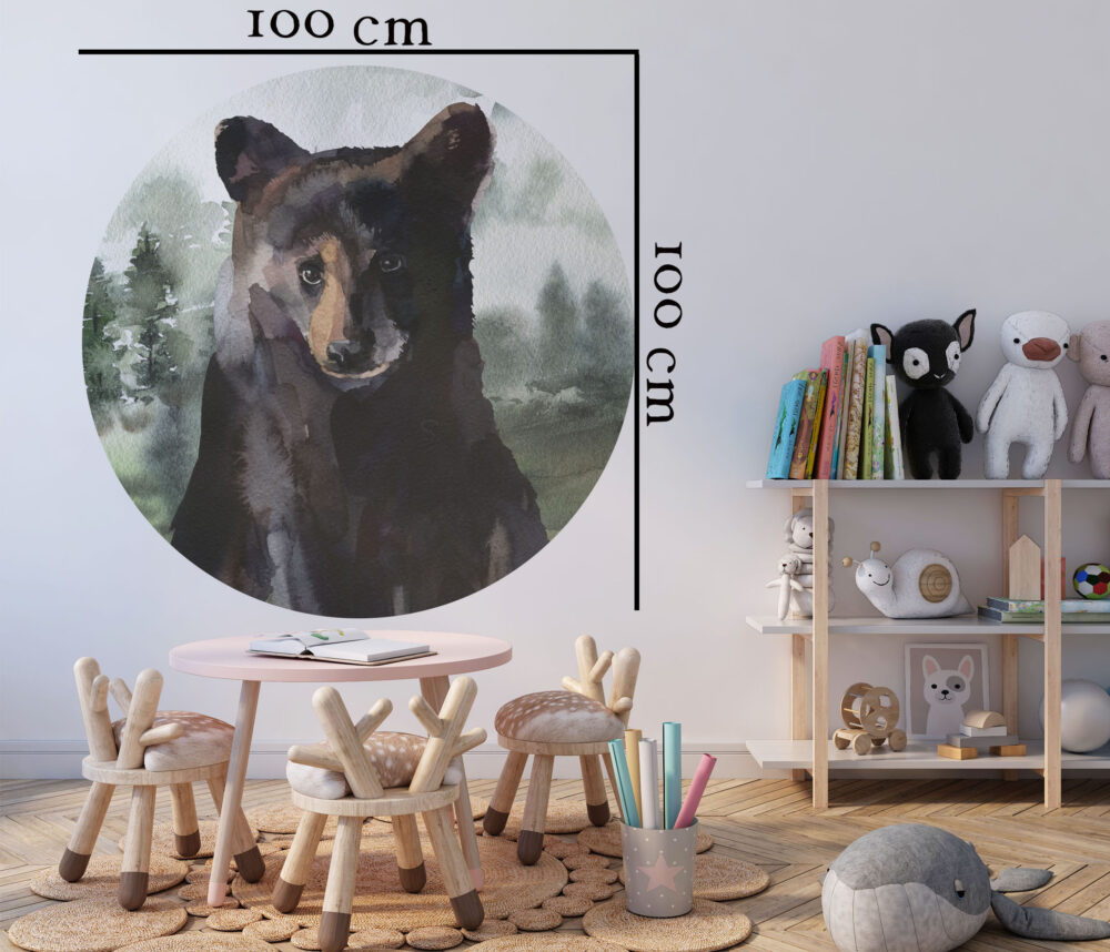 naklejka ścienna przedstawiająca portret niedźwiadka w okręgu. ozdoba ścienna w pastelowych kolorach z motywem lasu, dzikich zwierząt