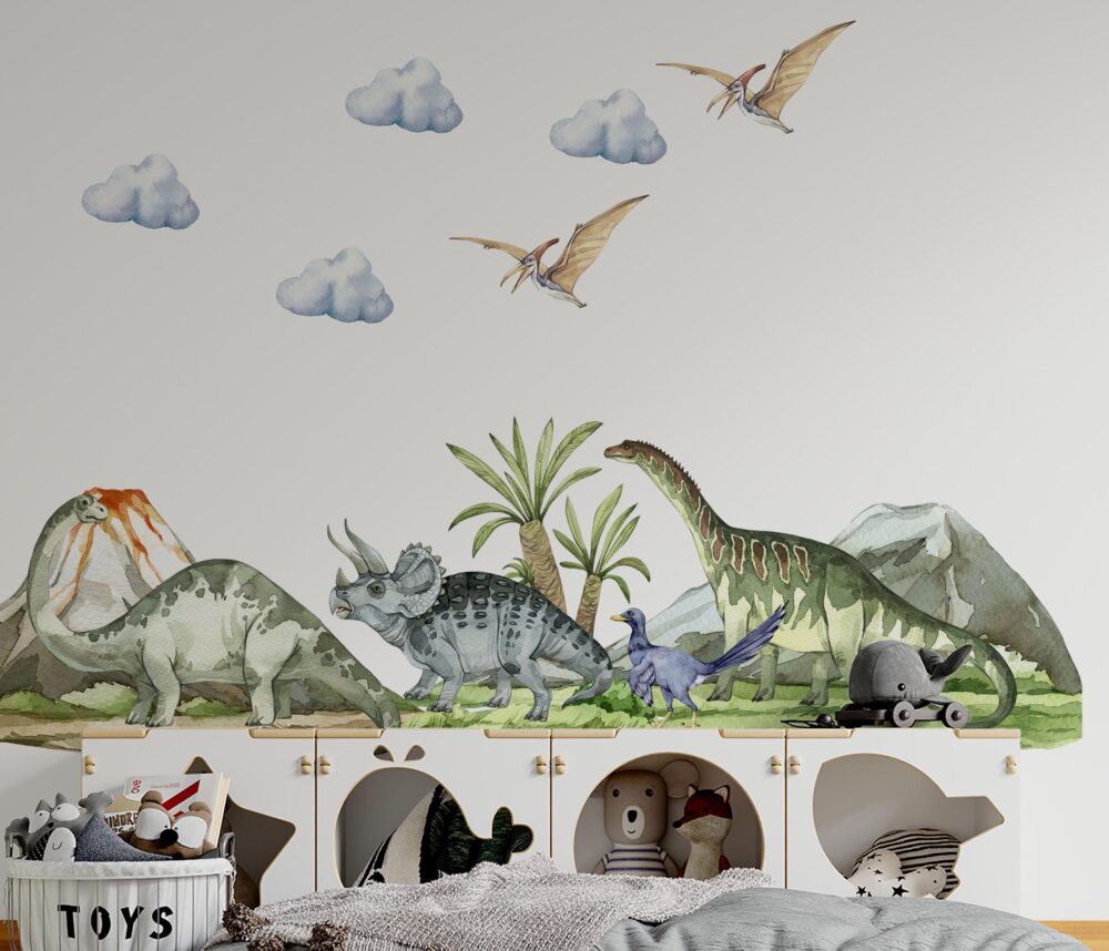 Brontozaury z Triceratopsem naklejki ścienne pteronodon pterdodaktyl palmy dżungla park jurajski