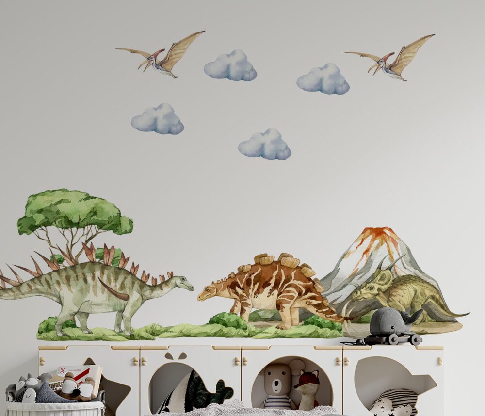 Triceratops i Stegozaur naklejki ścienne prehistoria dinozaury wulkan chmury pterodaktyle park jurajski dżungla