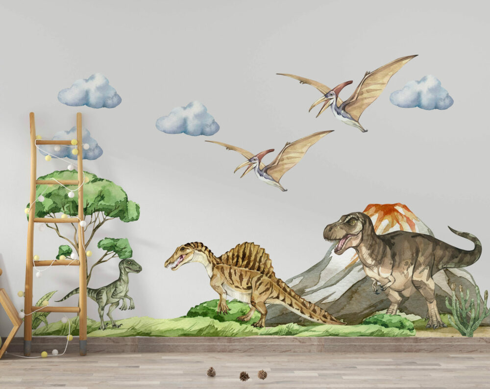 zestaw z dinozaurami naklejki ścienne triceratops pterodaktyl dżungla park jurajski drzewa trawa wulkan
