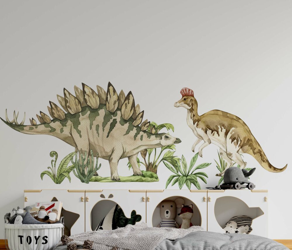 Stegozaur i Korytozaur naklejki ścienne dinozaury prak jurajski prehistoria dżungla jurajska fauna i flora