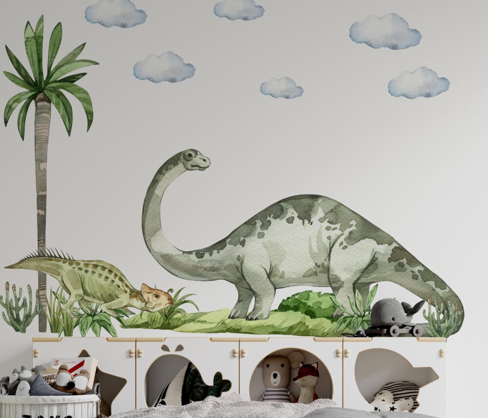 Brontozaur i Leptoceratops naklejki ścienne dinozaury brontozaur palma chmury park jurajski prehistoria dżungla