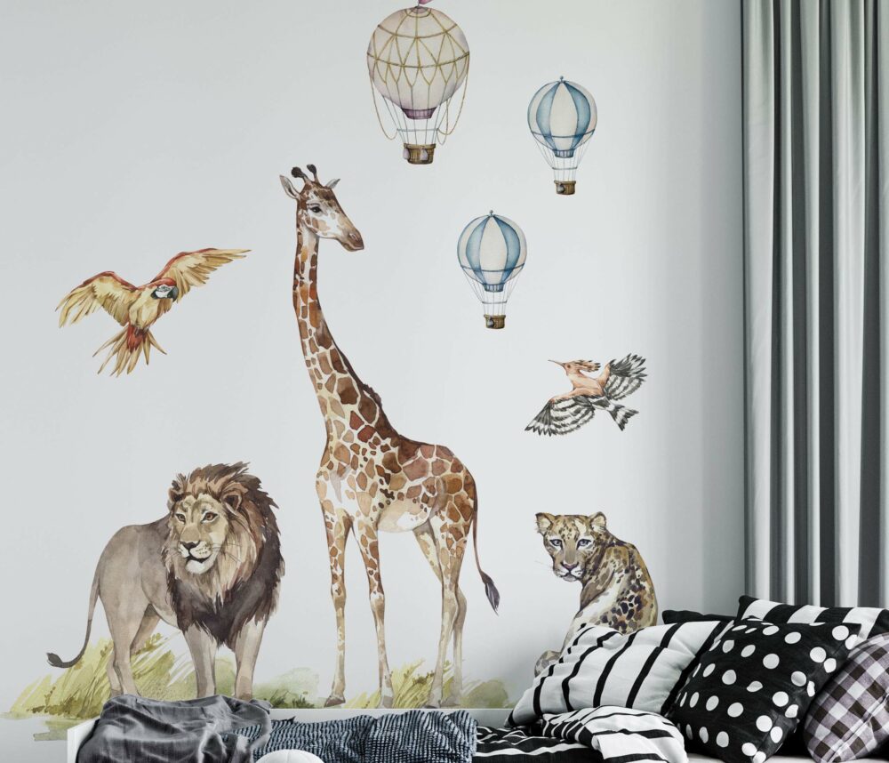 naklejki z afrykańskimi zwierzętami balony lew żyrafa naklejki ze zwierzętami dżungla safari sawanna papugi