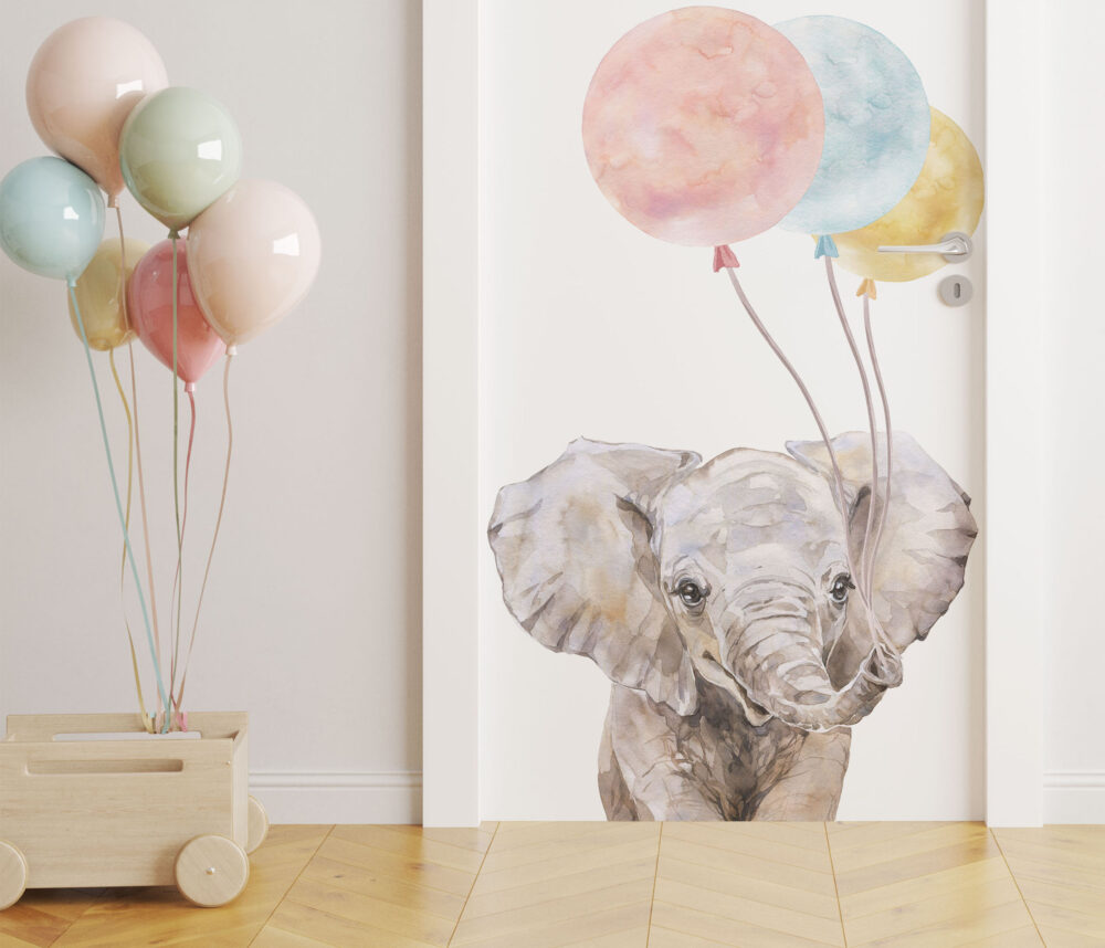 słoń, słonik, safari, naklejka na drzwi przedstawiająca słonika z balonikami, dekoracja na drzwi w kolorach pastelowych z motywem safari