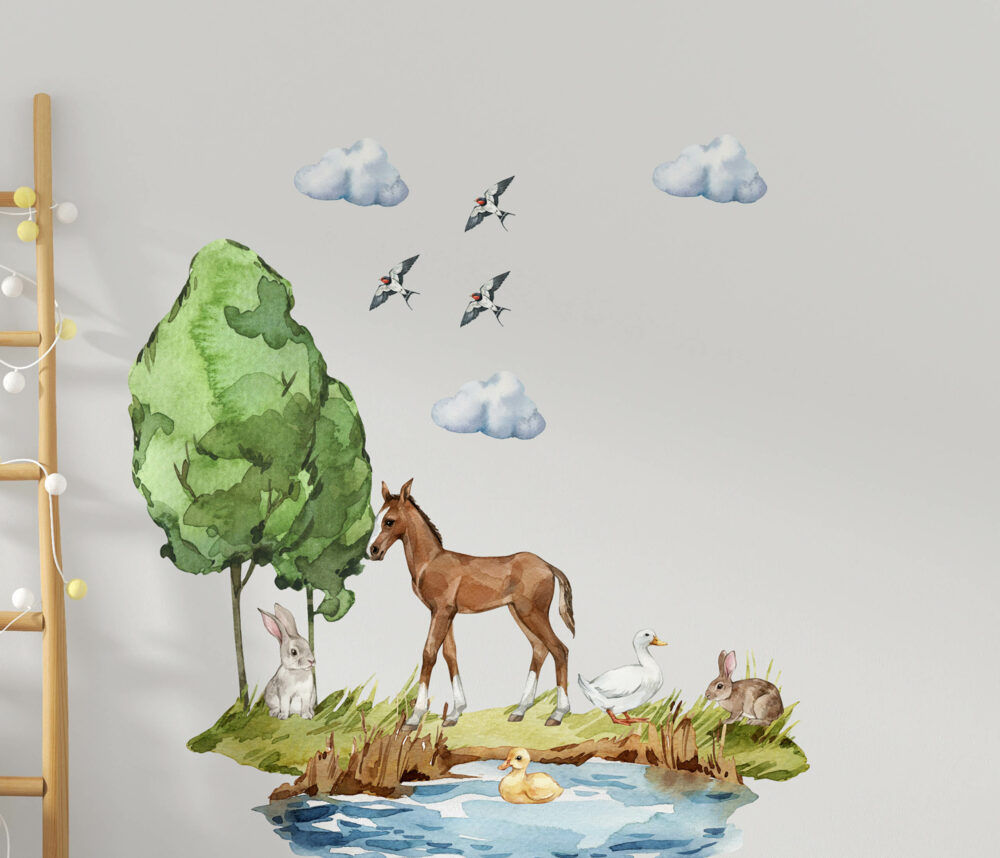 naklejki z lasem naklejki ze zwierzętami naklejki ścienne ozdoby ścienne koń kaczki kury chmury ozdoby do pokoju dziecięcego