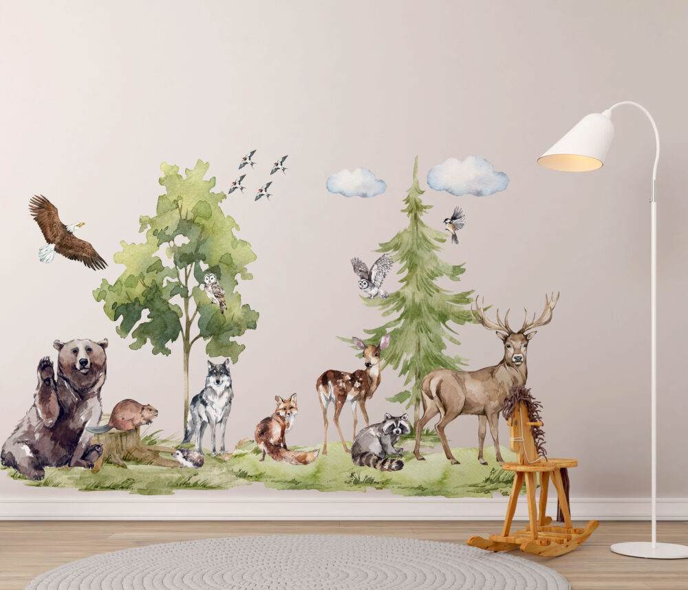polana leśnych zwierząt przedstawiająca wilka niedźwiedzia lisa jelenia, ozdoby ścienne z motywem lasu, dekoracje ścienne do pokoju dziecka