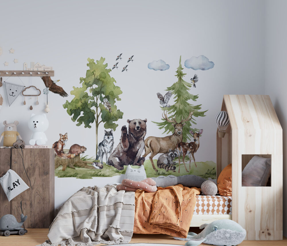 polana leśnych zwierząt przedstawiająca wilka niedźwiedzia lisa jelenia, ozdoby ścienne z motywem lasu, dekoracje ścienne do pokoju dziecka