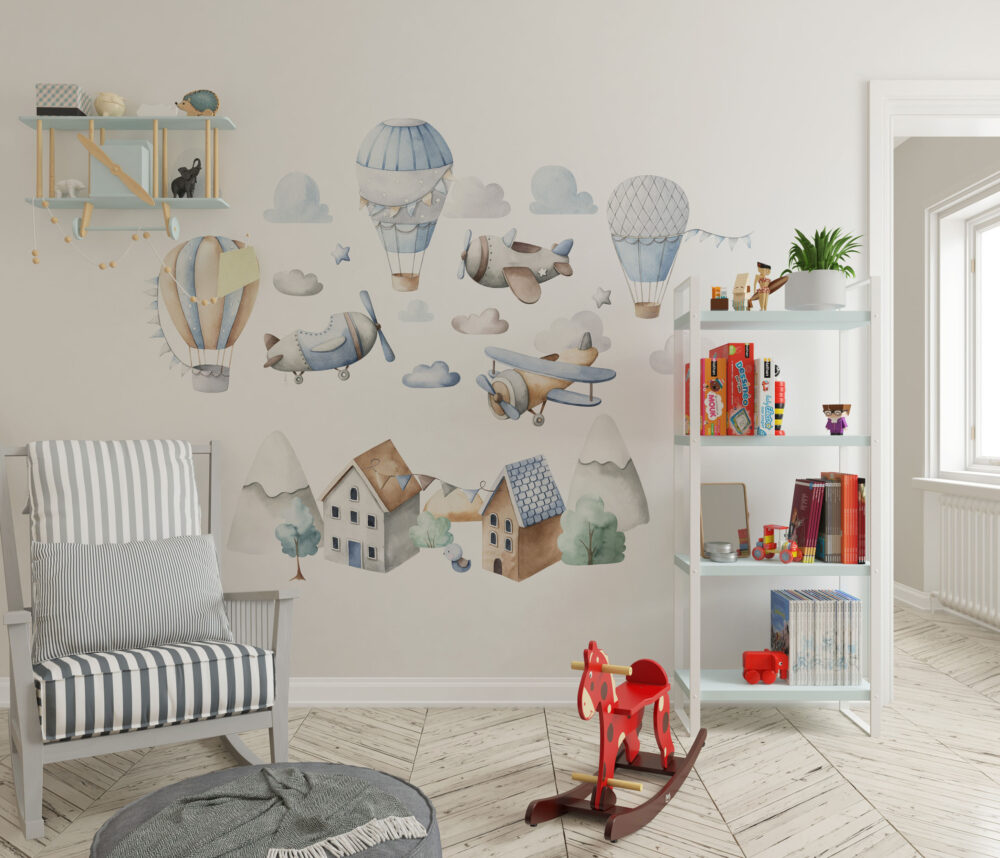 naklejki ścienne do pokoju dziecięcego przedstawiające domy, samoloty, balony i małą wioske. dekoracje ścienne dla dzieci i niemowalków