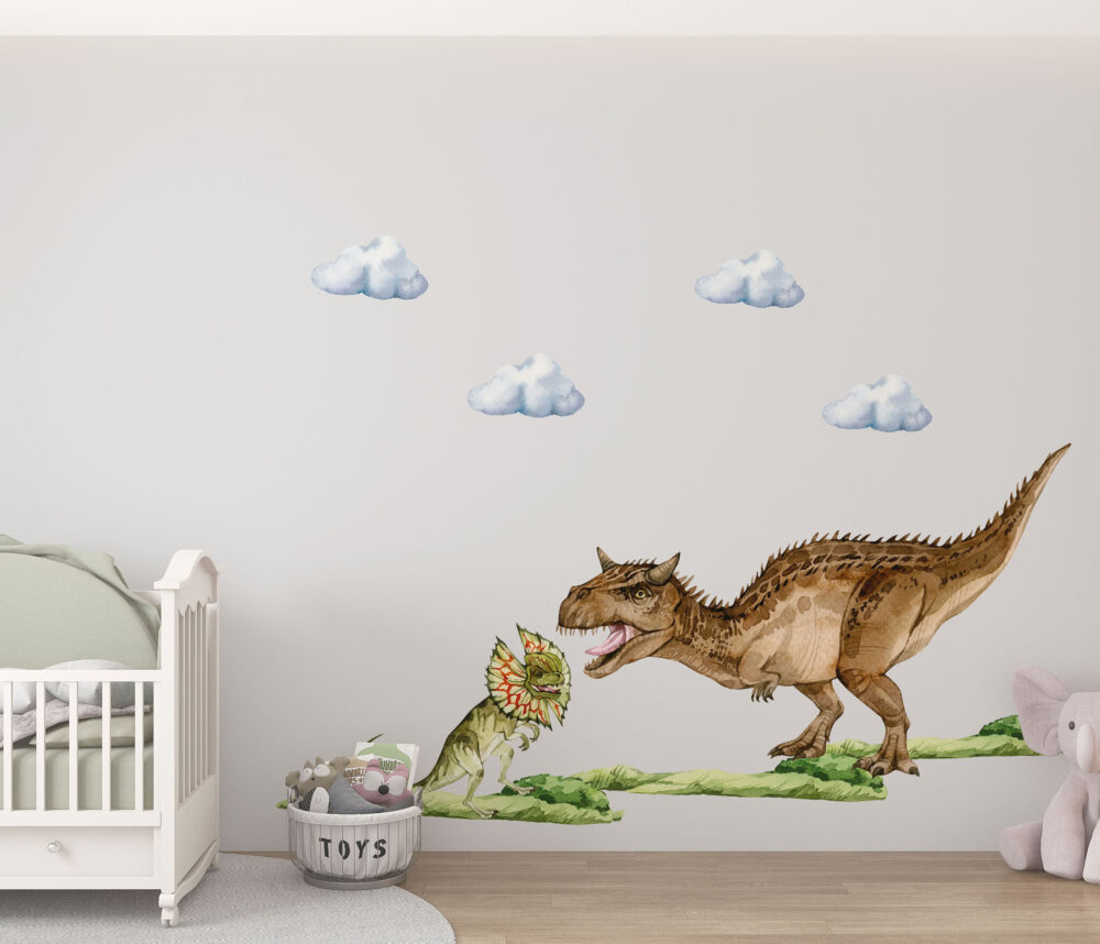 Naklejki ścienne do pokoju dziecięcego przedstawiający 2 dinozaury. Dekoracje ścienne z motywem prehistorii i dinozaurów. Ozdoby ścienne w stylu prehistorii.