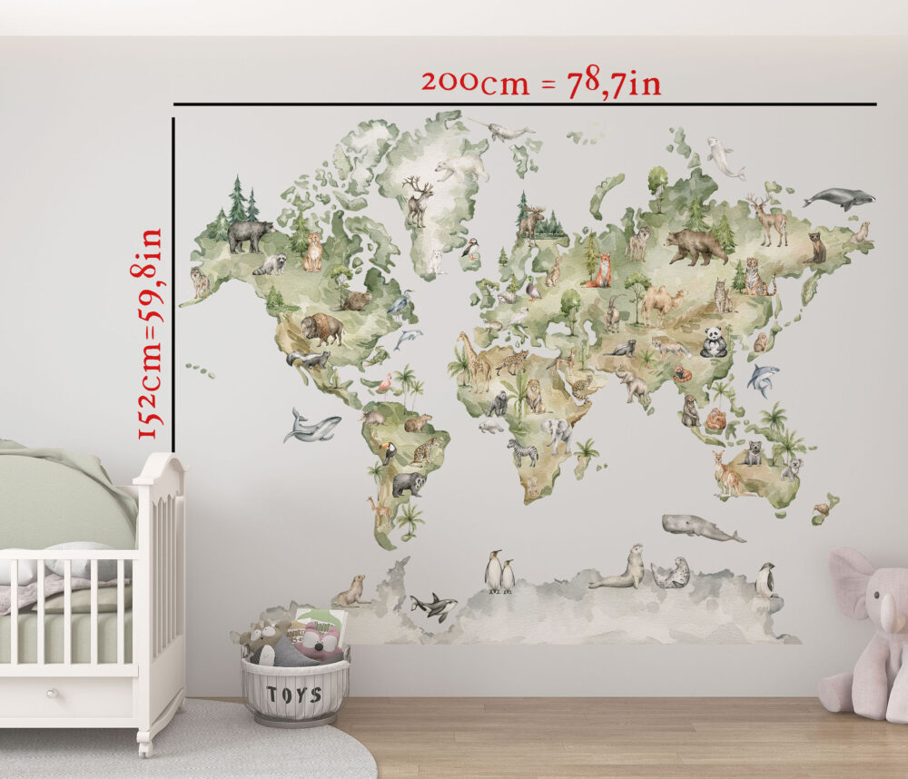 Naklejka edukacyjna przedstawiająca mapę świata, wraz z kontynentami i miejscami występowania różnych dzikich zwierząt. Dekoracja ścienna z motywem edukacyjnym i mapą. Ozdoba ścienna przedstawiająca mapę świata.