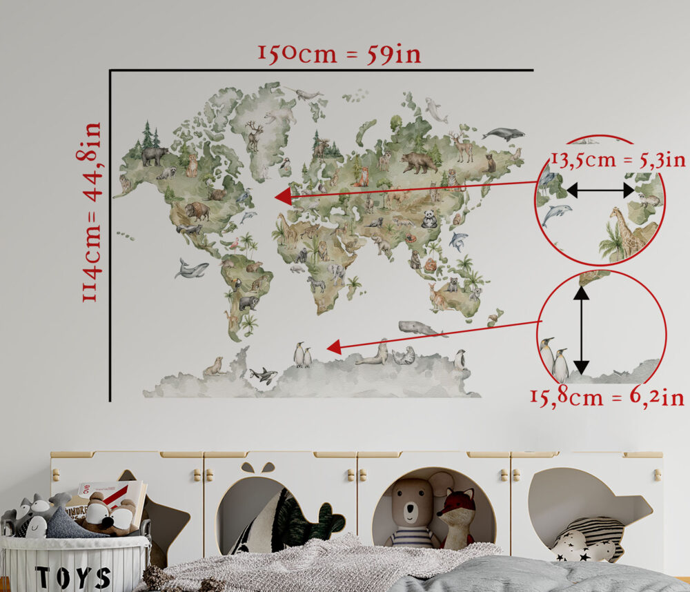 Naklejka edukacyjna przedstawiająca mapę świata, wraz z kontynentami i miejscami występowania różnych dzikich zwierząt. Dekoracja ścienna z motywem edukacyjnym i mapą. Ozdoba ścienna przedstawiająca mapę świata.