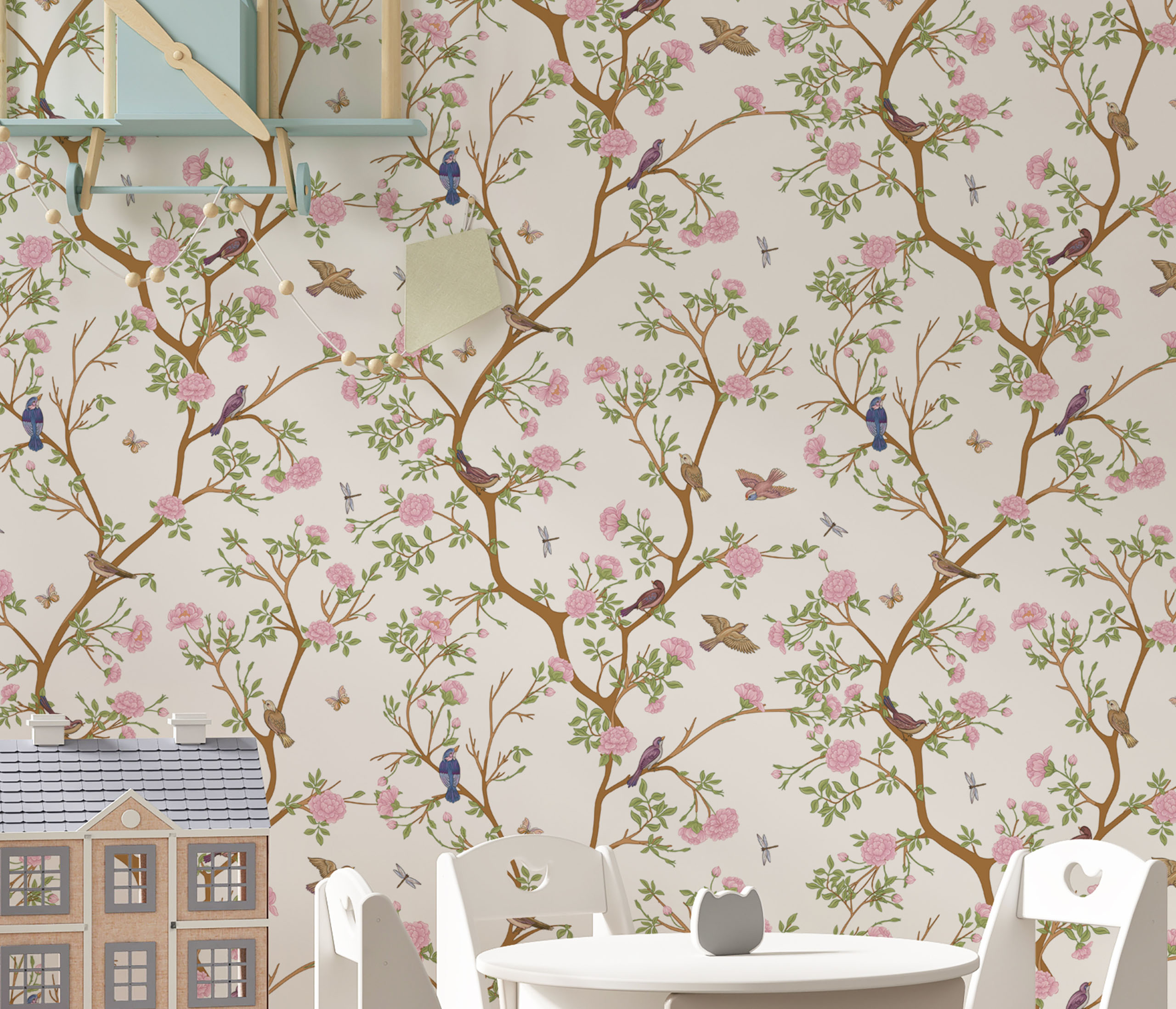 tapeta przedstawiająca wiosenną roślinność wraz z ptakami. Dekoracja ścienna do pokoju dziecięcego i salonu.