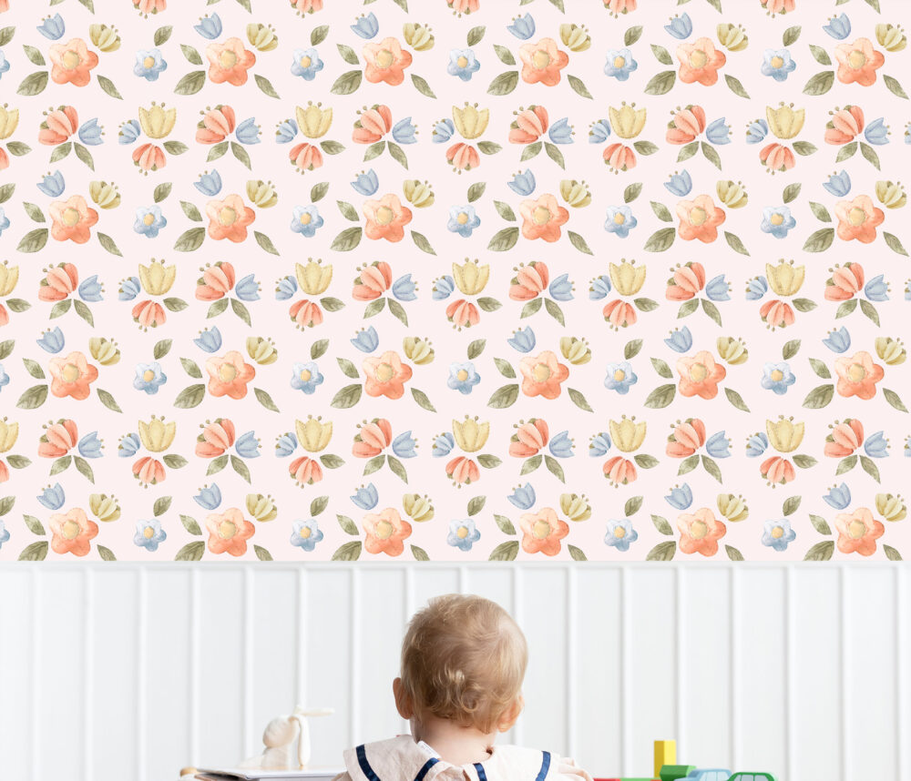 Tapeta w stylu retro z kolorowymi kwiatkami inspirowanymi polskim folklorem. Ozdoba na ścianę do salonu lub pokoju dziecka.