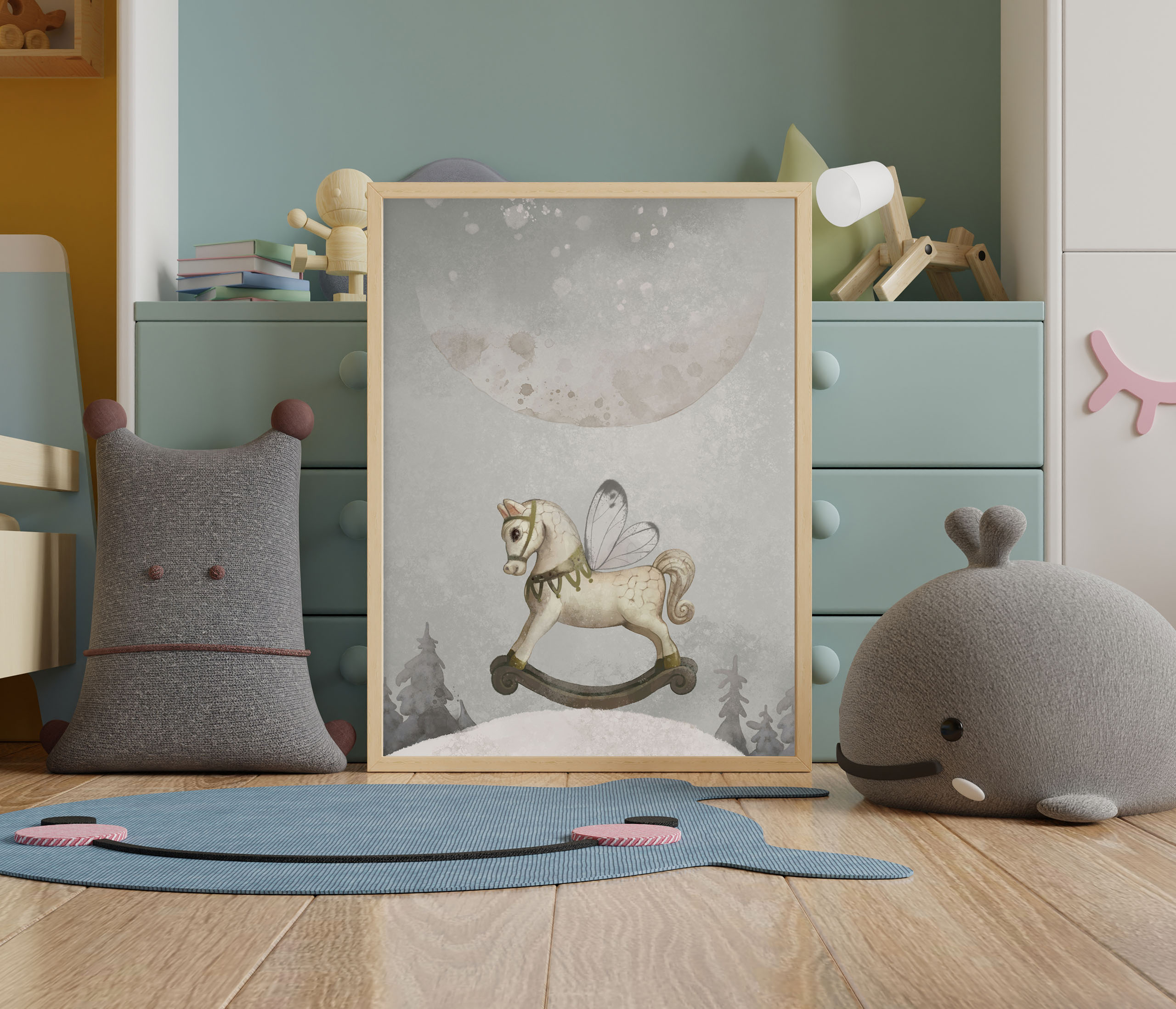 Plakat przedstawiający konia na biegunach w zimowej atmosferze z księżycem. Plakat do pokoju dziecięcego.