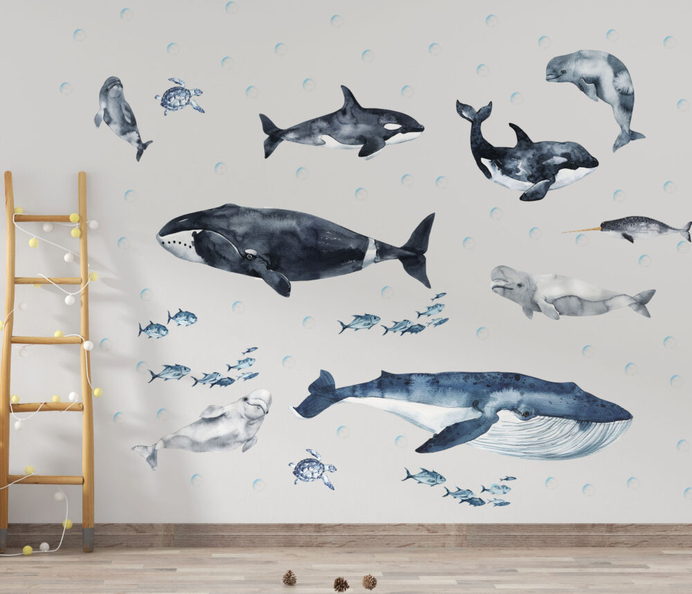 Naklejki ścienne z motywem morskich zwierząt. Dekoracje ścienne do pokoju dziecka przedstawiające wieloryby, delfiny, orki i podwodne zwierzęta. Ozdoby ścienne do pokoju dziecięcego z morskimi zwierzętami.