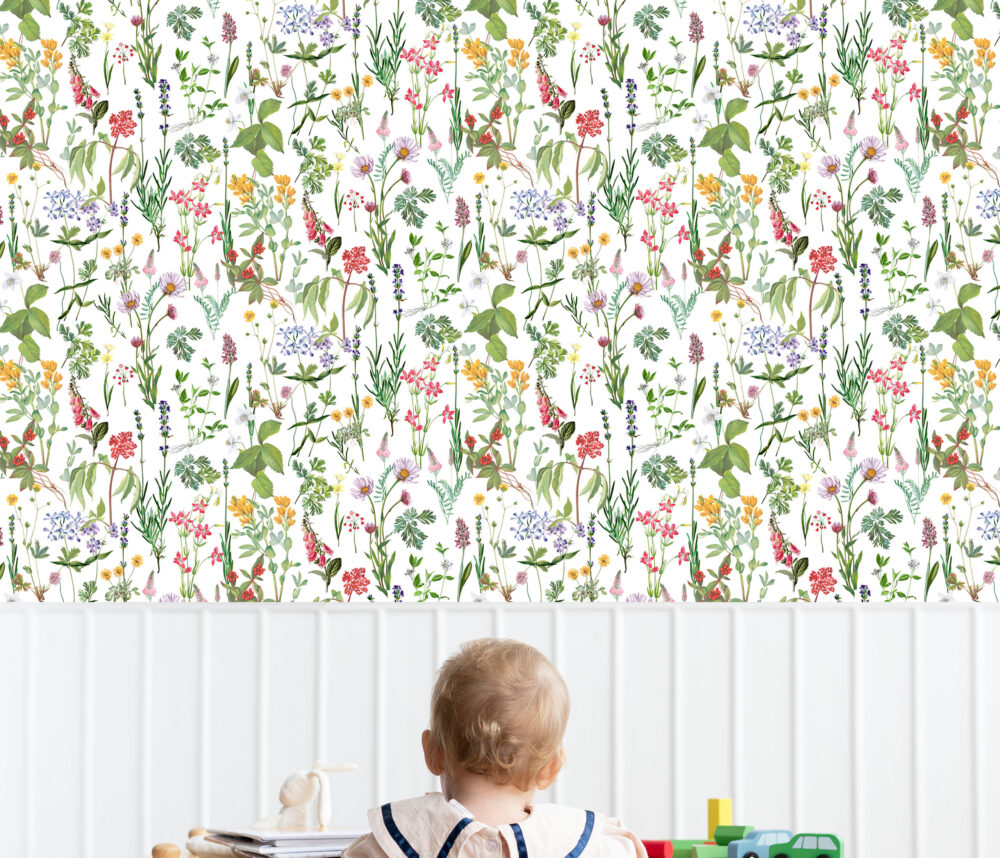 Tapeta przedstawiająca kwiaty występujące na łąkach. Ozdoba na ściane do pokoju dziecięcego, salonu.
