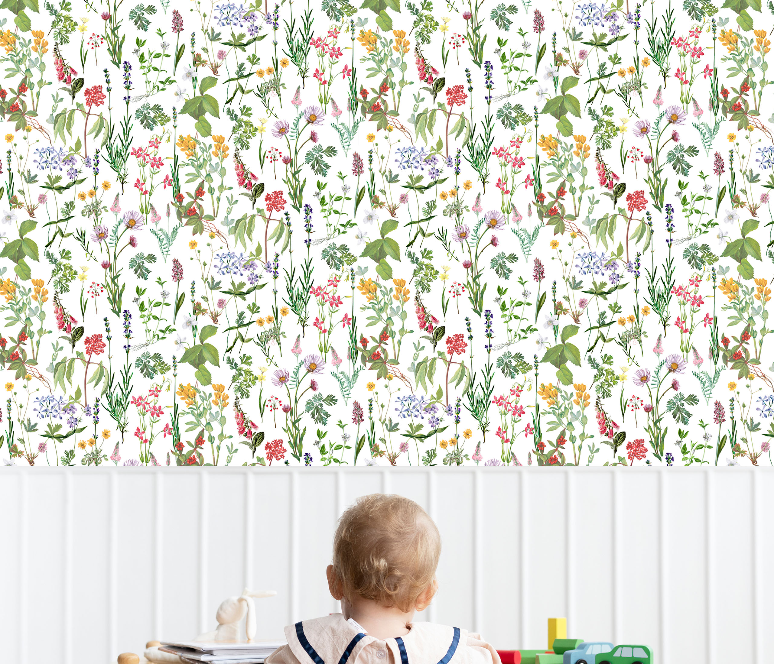Tapeta przedstawiająca kwiaty występujące na łąkach. Ozdoba na ściane do pokoju dziecięcego, salonu.