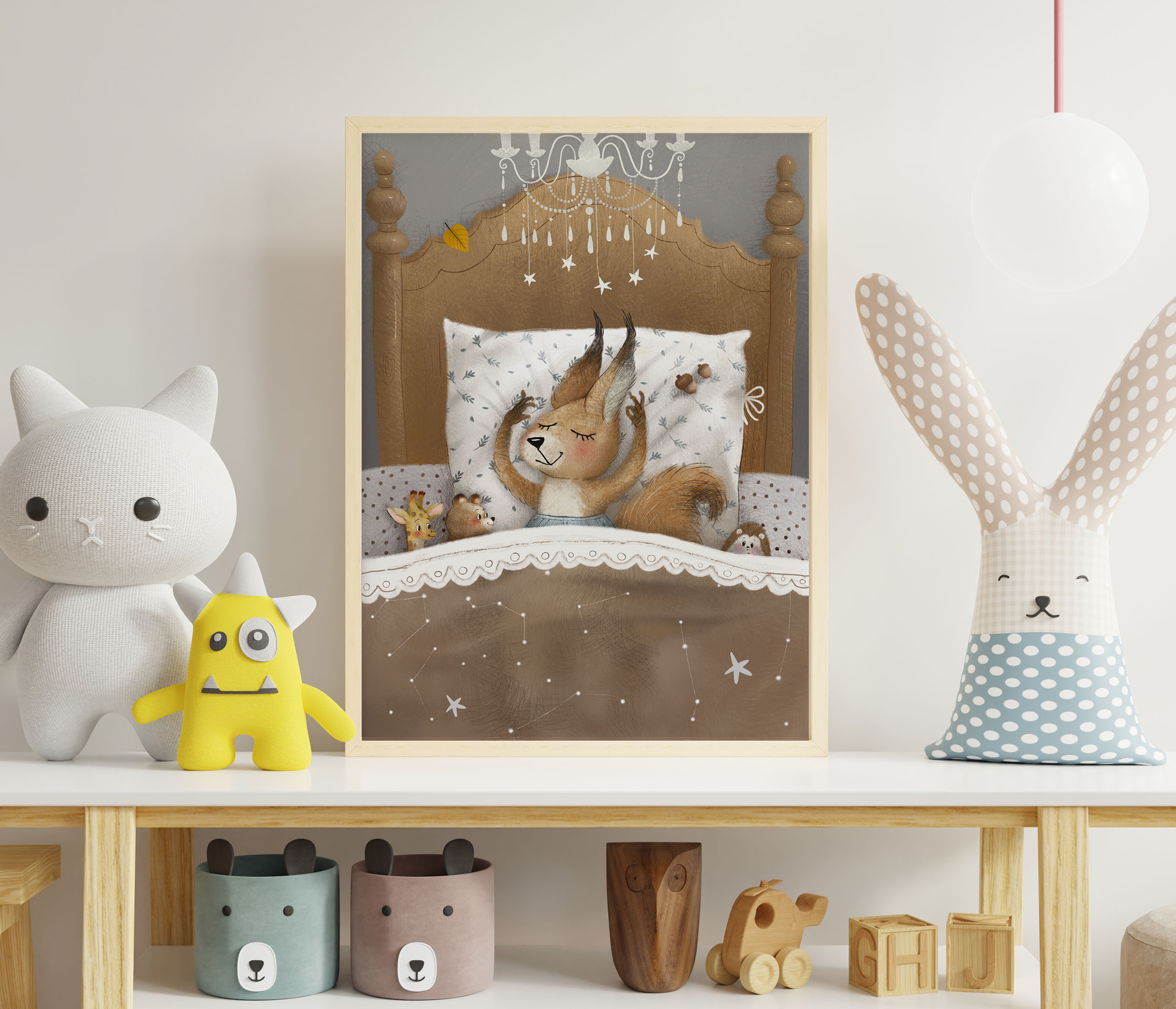 Plakat do sypialni dziecka przedstawiający zwierzątka kładące się do snu. Ozdoba do pokoju dziecka z sennymi zwierzakami.