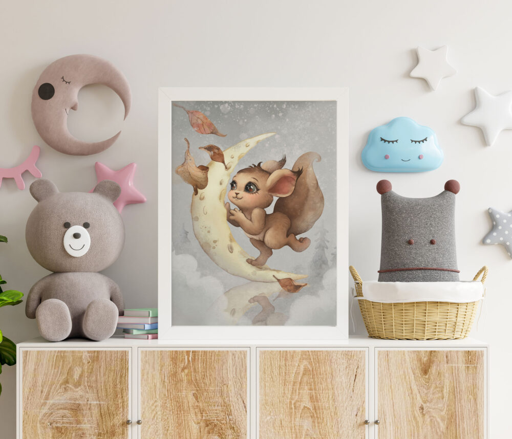 Plakat do pokoju dziecięcego przedstawiający wiewiórkę na księżycu. Ozdoba na ścianę do sypialni dziecka z motywem zwierząt.