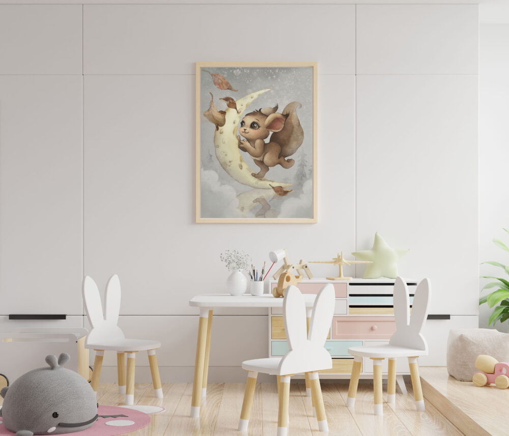 Plakat do pokoju dziecięcego przedstawiający wiewiórkę na księżycu. Ozdoba na ścianę do sypialni dziecka z motywem zwierząt.