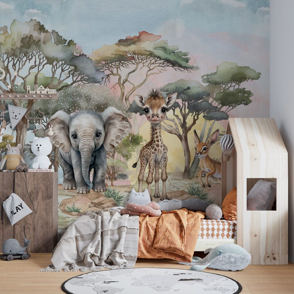 Maluchy z sawanny - słoń i żyrafa - tapeta ścienna dla dzieci