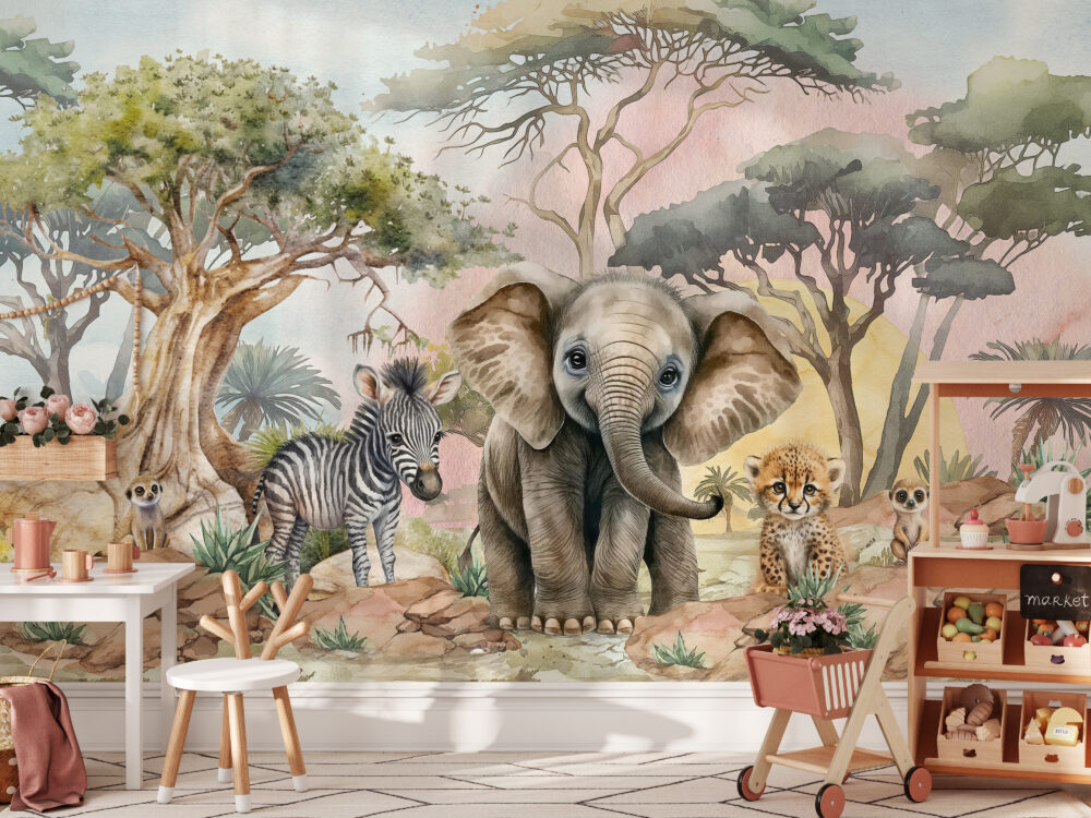 Maluchy wśród afrykańskiej przyrody - słoń, gepard i zebra- tapeta do pokoju dziecięcego