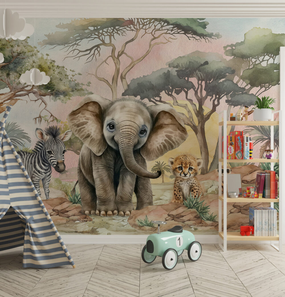 Maluchy wśród afrykańskiej przyrody - słoń, gepard i zebra- tapeta do pokoju dziecięcego
