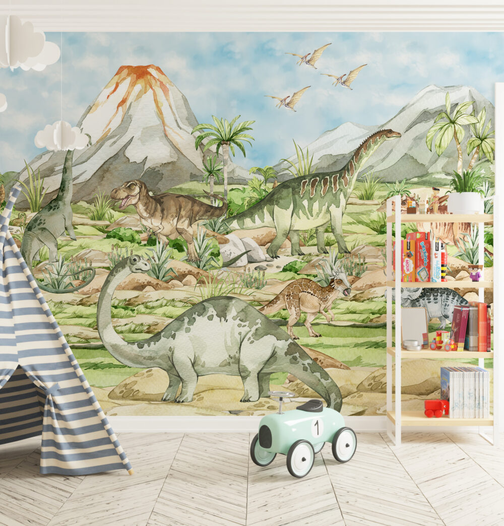 W krainie dinozaurów - tapeta do pokoju dzieciecego